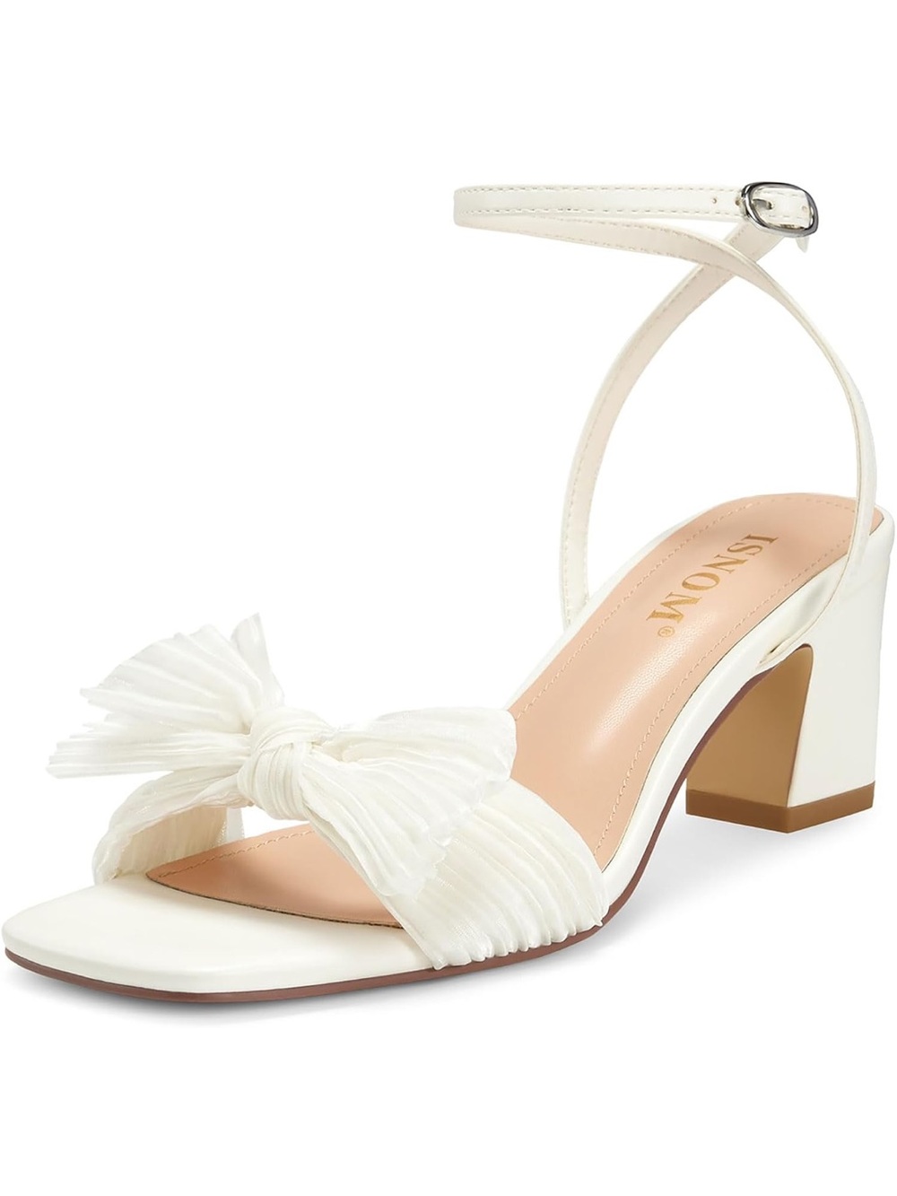 Never Worn! White Pleated Bow Ankle-Strap Block Heel Sandal